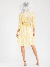 WOMEN'S 3/4 SLEEVE V-NECK SELF TIE MULTI PRINT MIDI DRESS