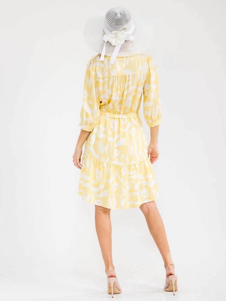 WOMEN'S 3/4 SLEEVE V-NECK SELF TIE MULTI PRINT MIDI DRESS