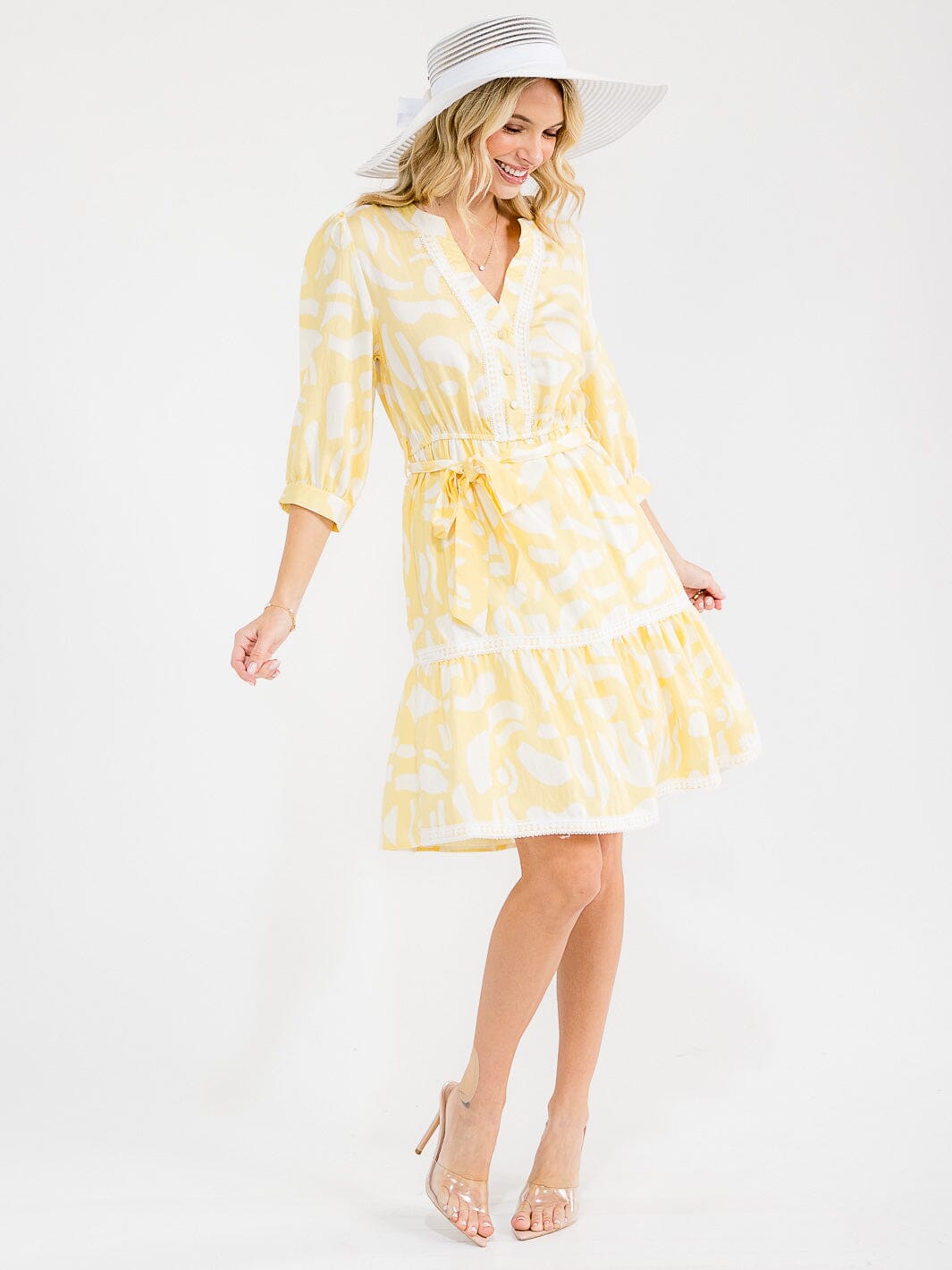 WOMEN'S 3/4 SLEEVE V-NECK SELF TIE MULTI PRINT MIDI DRESS