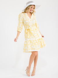 WOMEN'S 3/4 SLEEVE V-NECK SELF TIE MULTI PRINT MIDI DRESS
