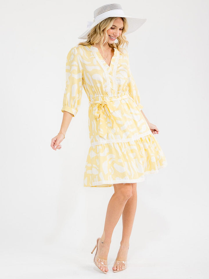WOMEN'S 3/4 SLEEVE V-NECK SELF TIE MULTI PRINT MIDI DRESS