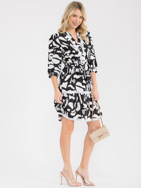 WOMEN'S 3/4 SLEEVE V-NECK SELF TIE MULTI PRINT MIDI DRESS