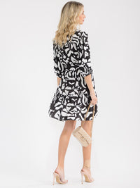 WOMEN'S 3/4 SLEEVE V-NECK SELF TIE MULTI PRINT MIDI DRESS