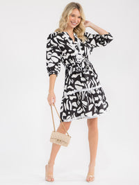WOMEN'S 3/4 SLEEVE V-NECK SELF TIE MULTI PRINT MIDI DRESS