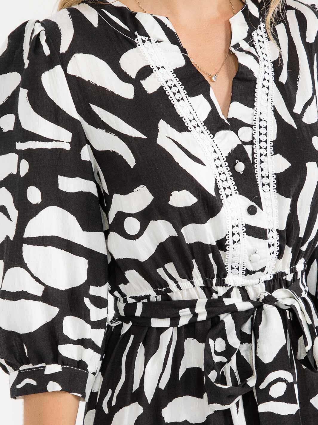 WOMEN'S 3/4 SLEEVE V-NECK SELF TIE MULTI PRINT MIDI DRESS