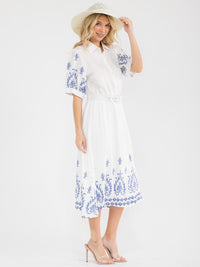 WOMEN'S SHORT SLEEVE BUTTON UP BELTED MULTI PRINT MAXI DRESS