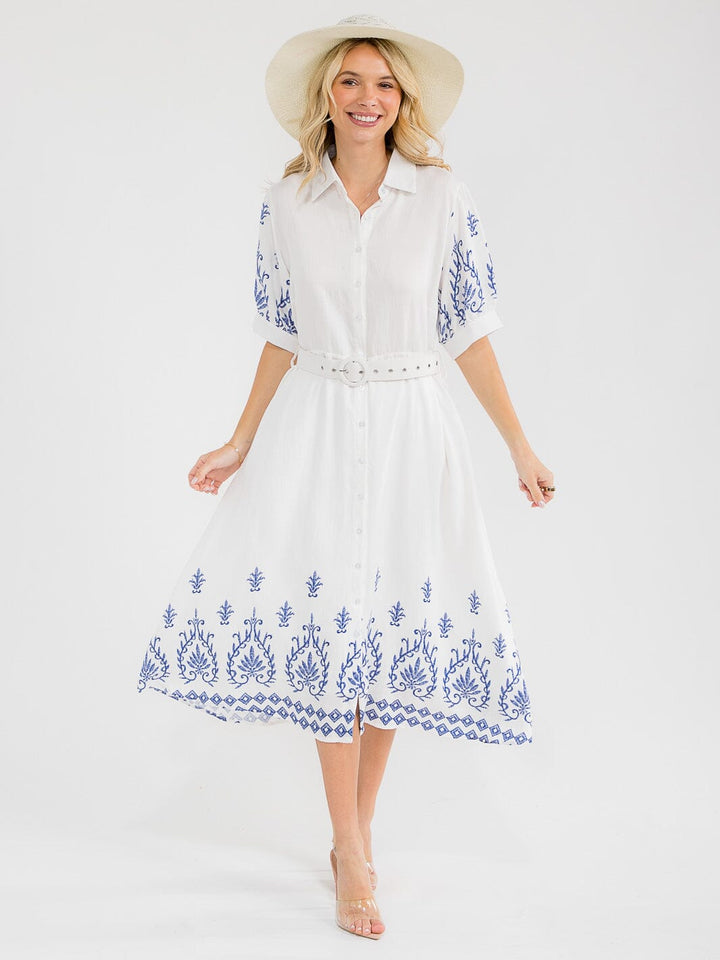 WOMEN'S SHORT SLEEVE BUTTON UP BELTED MULTI PRINT MAXI DRESS