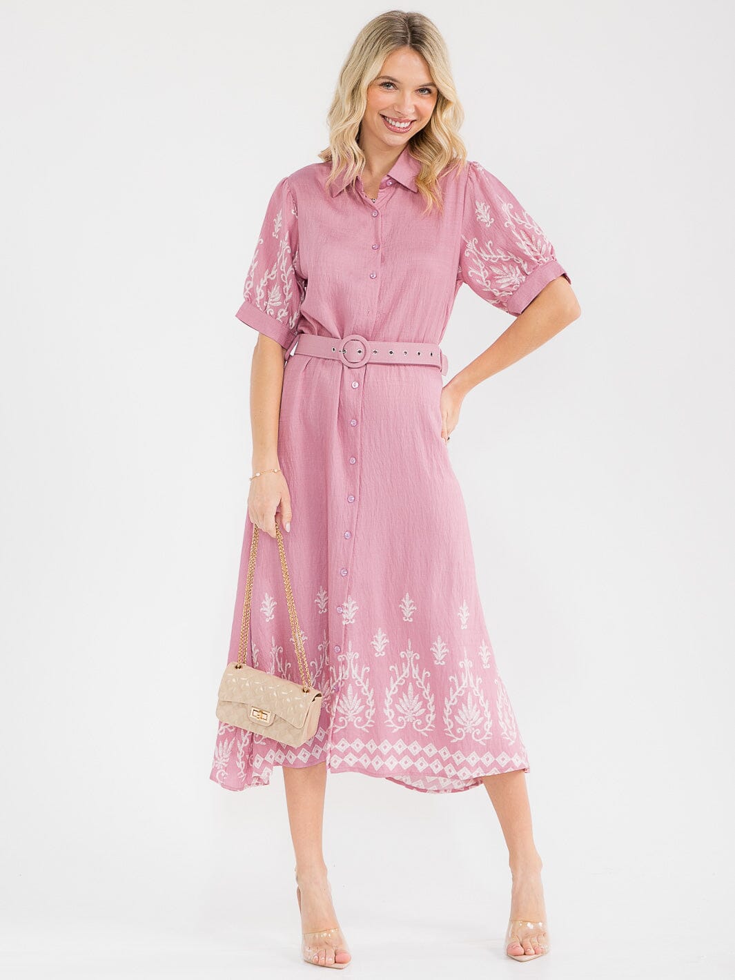 WOMEN'S SHORT SLEEVE BUTTON UP BELTED MULTI PRINT MAXI DRESS
