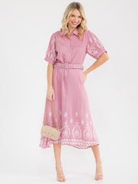 WOMEN'S SHORT SLEEVE BUTTON UP BELTED MULTI PRINT MAXI DRESS