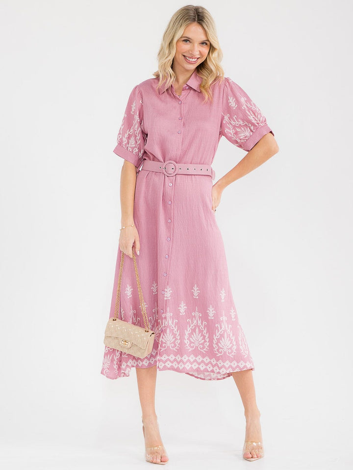 WOMEN'S SHORT SLEEVE BUTTON UP BELTED MULTI PRINT MAXI DRESS