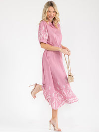 WOMEN'S SHORT SLEEVE BUTTON UP BELTED MULTI PRINT MAXI DRESS