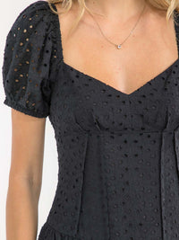 WOMEN'S SHORT SLEEVE HEART NECK FULLY LINED EYELET MINI DRESS