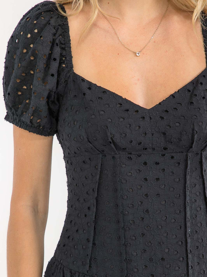 WOMEN'S SHORT SLEEVE HEART NECK FULLY LINED EYELET MINI DRESS