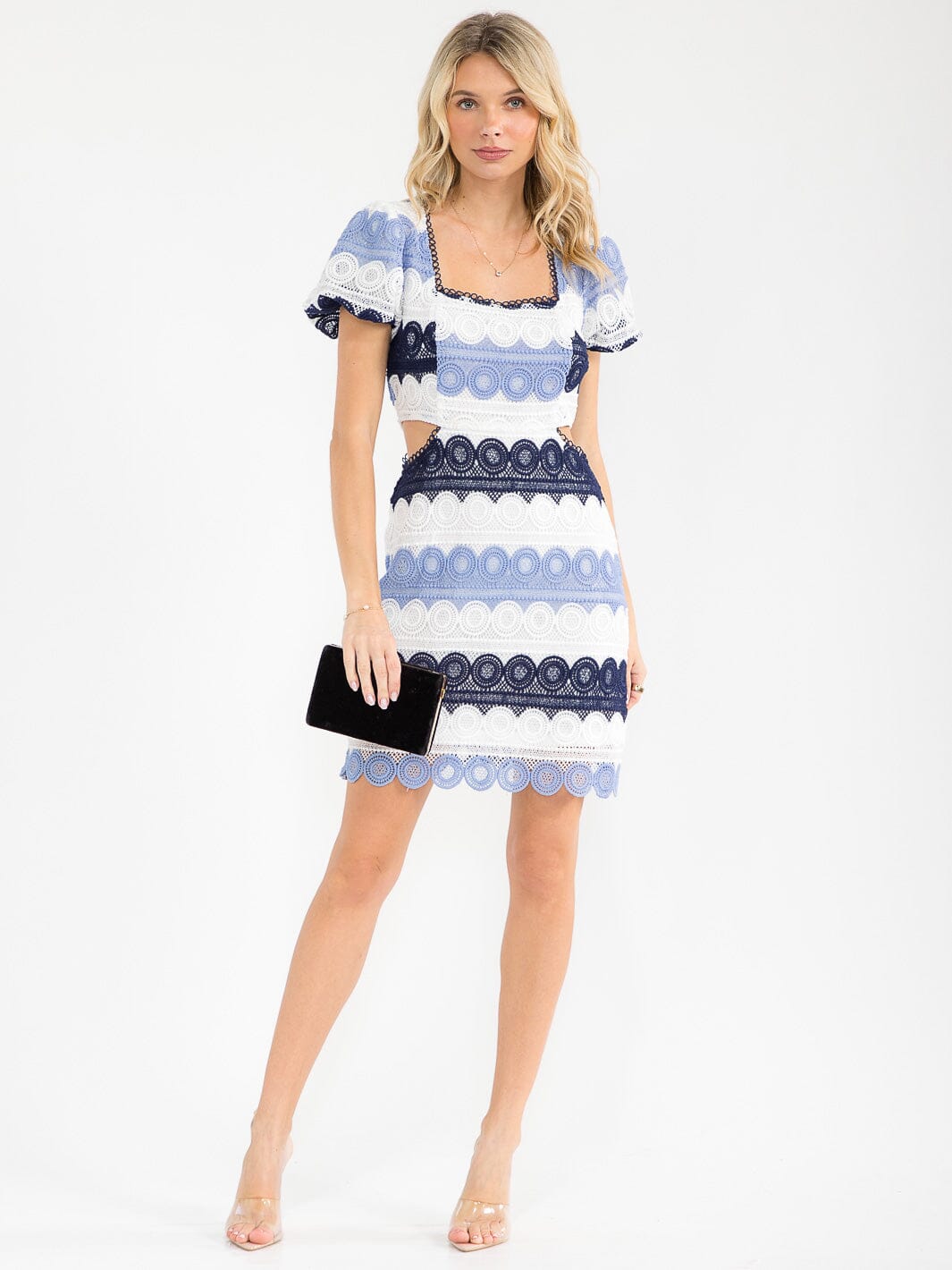 WOMEN'S SHORT PUFF SLEEVE SQUARE NECK SIDE CUT OUT LACE COLORBLOCK MINI DRESS
