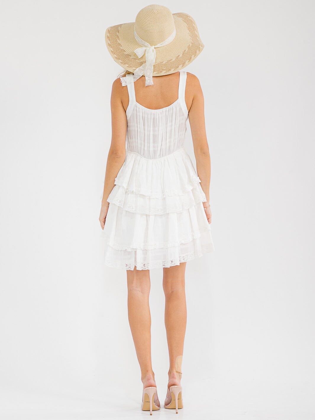 WOMEN'S SLEEVELESS V-NECK TIERED LACE MINI DRESS
