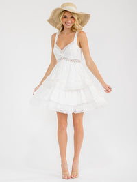 WOMEN'S SLEEVELESS V-NECK TIERED LACE MINI DRESS