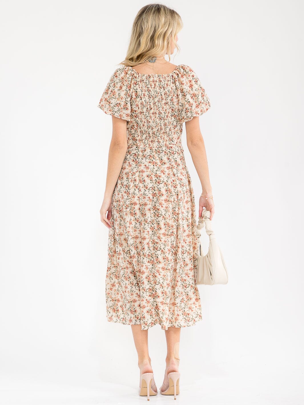 WOMEN'S SHORT PUFF SLEEVE SURPLICE SMOCK SELF TIE FLORAL PRINT MAXI DRESS