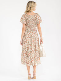 WOMEN'S SHORT PUFF SLEEVE SURPLICE SMOCK SELF TIE FLORAL PRINT MAXI DRESS