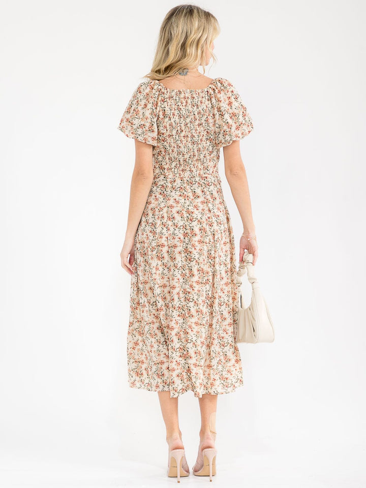 WOMEN'S SHORT PUFF SLEEVE SURPLICE SMOCK SELF TIE FLORAL PRINT MAXI DRESS