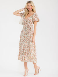 WOMEN'S SHORT PUFF SLEEVE SURPLICE SMOCK SELF TIE FLORAL PRINT MAXI DRESS