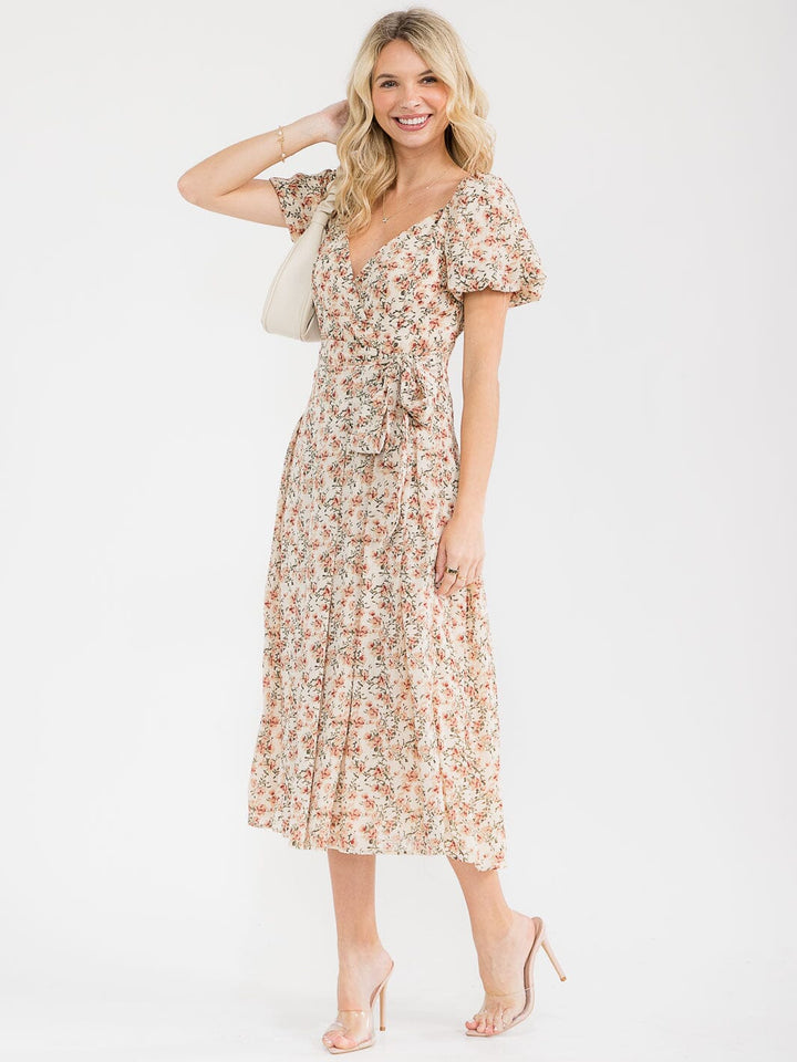 WOMEN'S SHORT PUFF SLEEVE SURPLICE SMOCK SELF TIE FLORAL PRINT MAXI DRESS