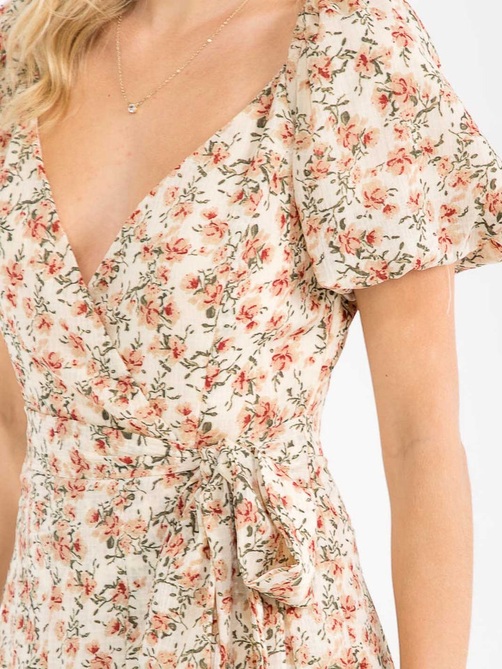 WOMEN'S SHORT PUFF SLEEVE SURPLICE SMOCK SELF TIE FLORAL PRINT MAXI DRESS