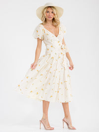 WOMEN'S SHORT SLEEVE SURPLICE SMOCK SELF TIE FLORAL EMBROIDERY MAXI DRESS