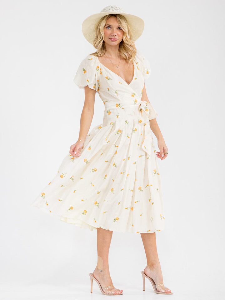 WOMEN'S SHORT SLEEVE SURPLICE SMOCK SELF TIE FLORAL EMBROIDERY MAXI DRESS