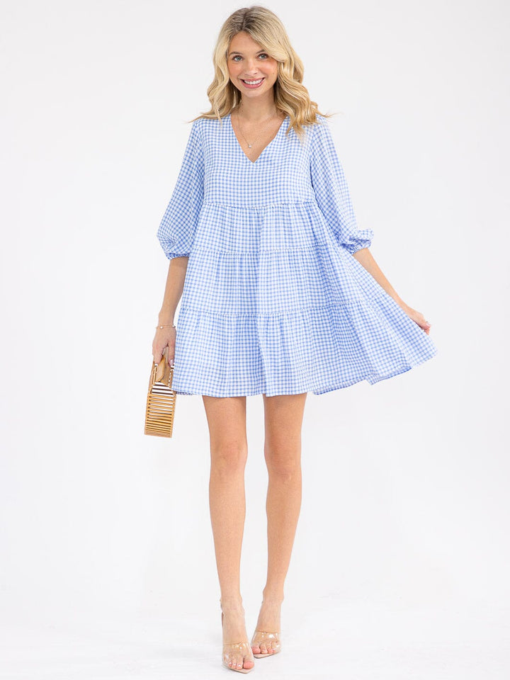 WOMEN'S SHORT SLEEVE V-NECK PLAID TIERED TUNIC MINI DRESS