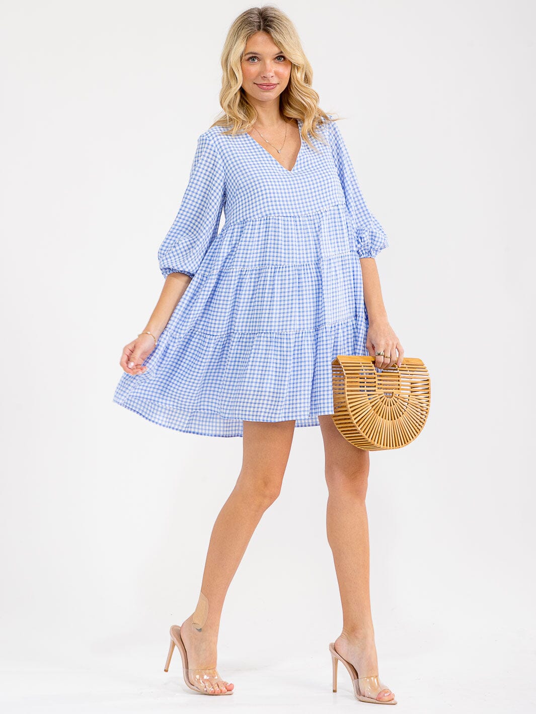 WOMEN'S SHORT SLEEVE V-NECK PLAID TIERED TUNIC MINI DRESS