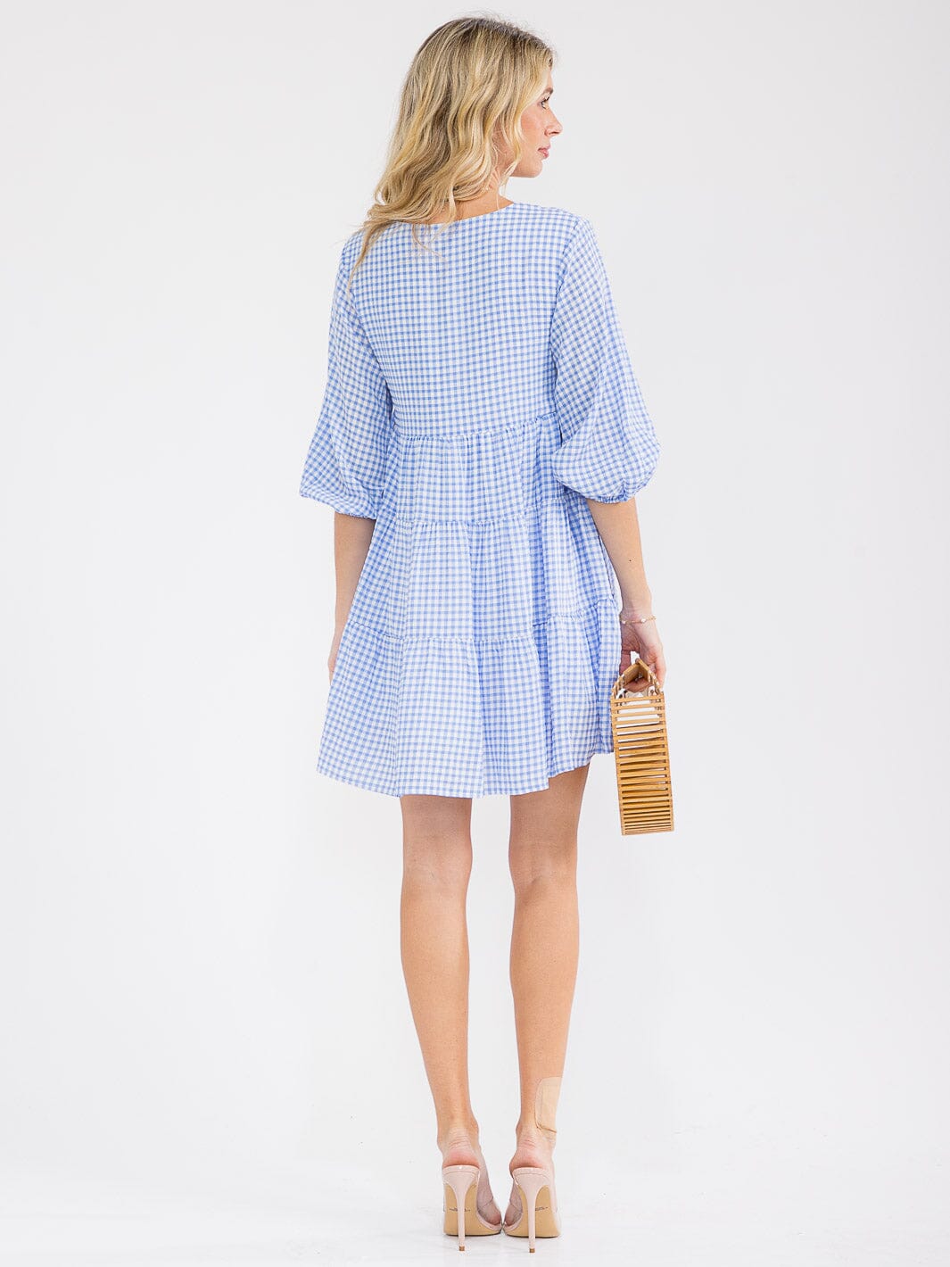 WOMEN'S SHORT SLEEVE V-NECK PLAID TIERED TUNIC MINI DRESS