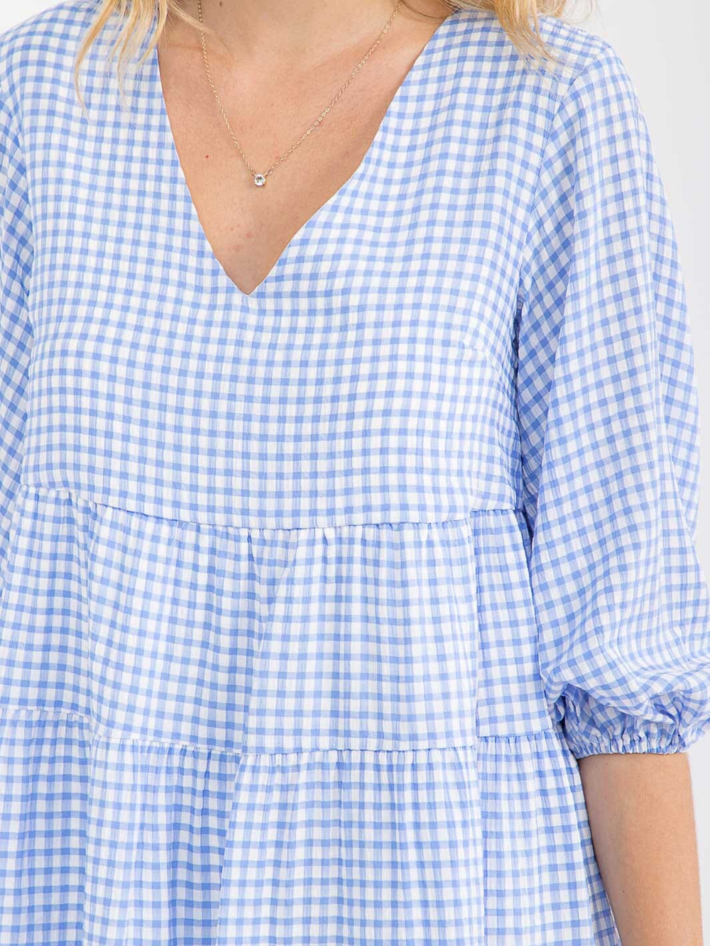 WOMEN'S SHORT SLEEVE V-NECK PLAID TIERED TUNIC MINI DRESS