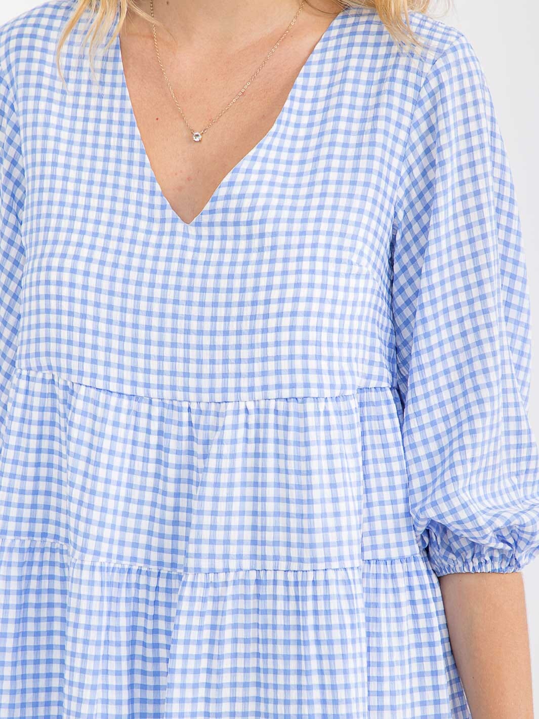 WOMEN'S SHORT SLEEVE V-NECK PLAID TIERED TUNIC MINI DRESS