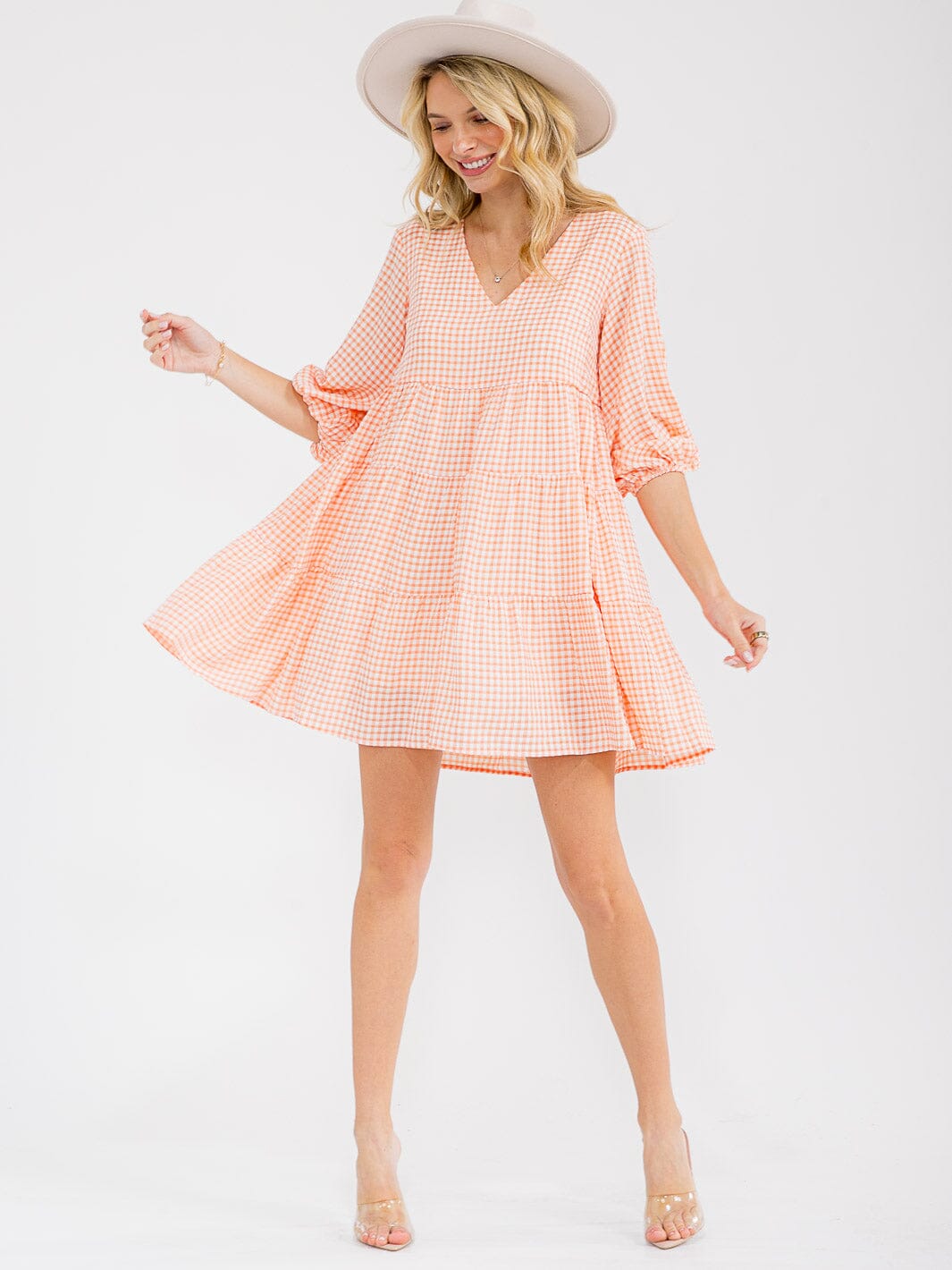 WOMEN'S SHORT SLEEVE V-NECK PLAID TIERED TUNIC MINI DRESS