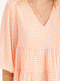 WOMEN'S SHORT SLEEVE V-NECK PLAID TIERED TUNIC MINI DRESS