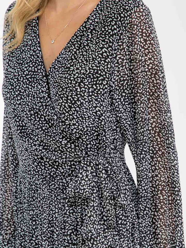WOMEN'S LONG SLEEVE SURPLICE SELF TIE ANIMAL PRINT ROMPER