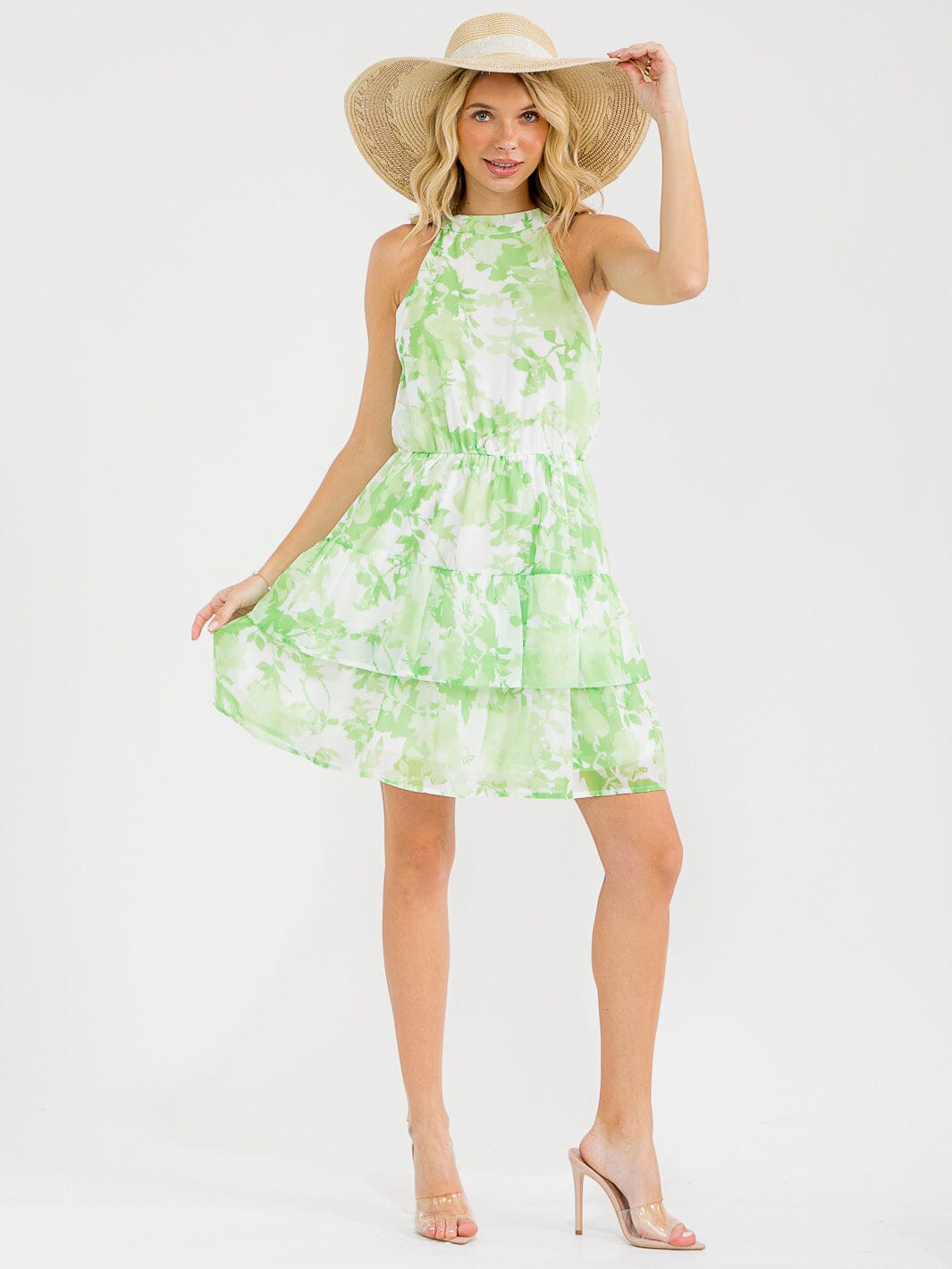 WOMEN'S SLEEVELESS HALTER NECK ELASTIC WAIST FLORAL MINI DRESS