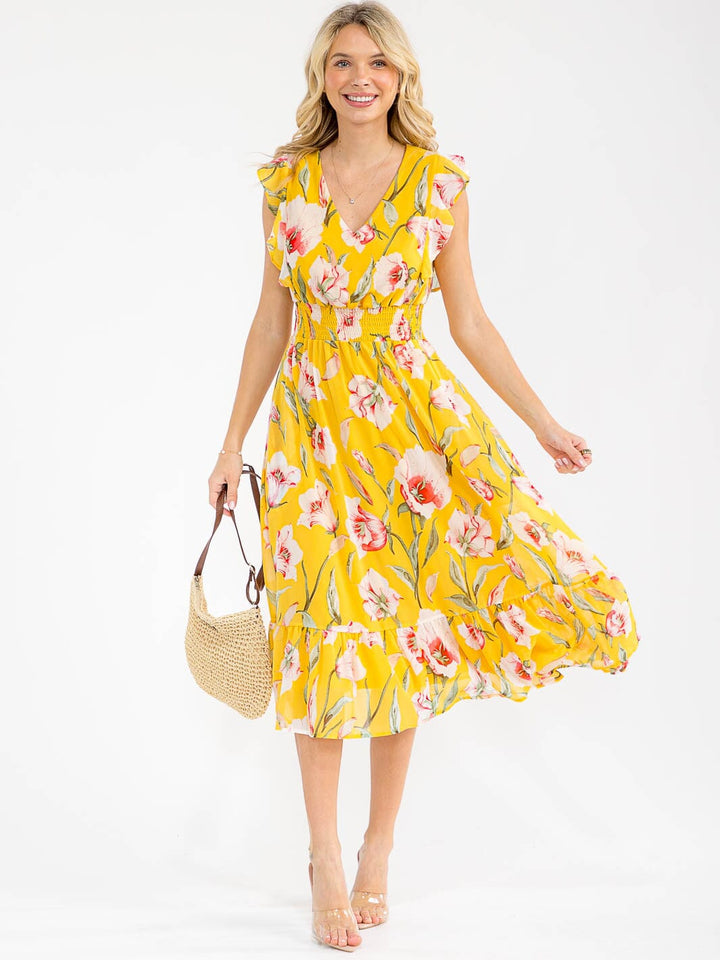 WOMEN'S RUFFLE SLEEVE V-NECK FRONT POCKETS SMOCK WAIST FLORAL MAXI DRESS