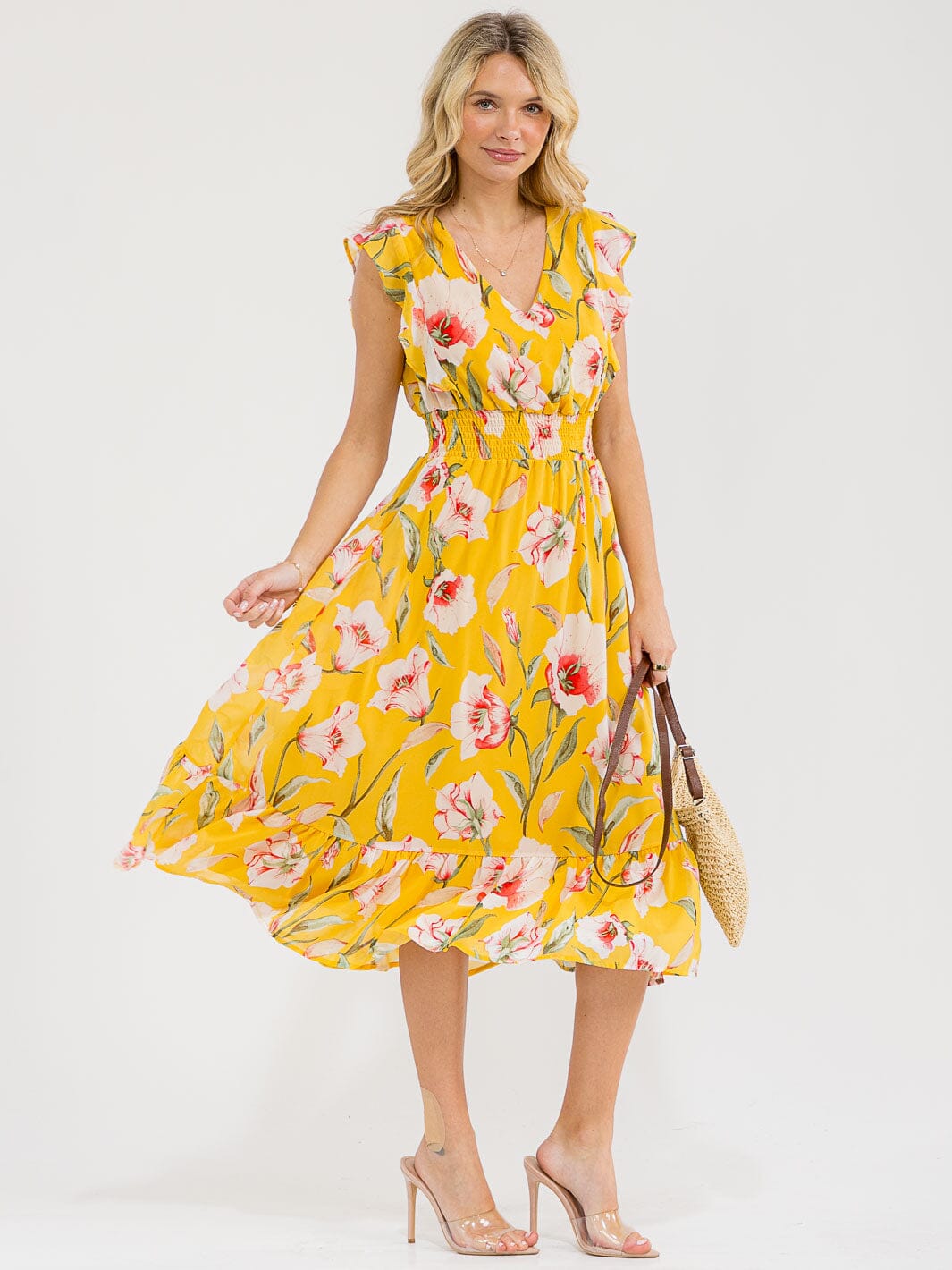 WOMEN'S RUFFLE SLEEVE V-NECK FRONT POCKETS SMOCK WAIST FLORAL MAXI DRESS