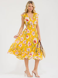 WOMEN'S RUFFLE SLEEVE V-NECK FRONT POCKETS SMOCK WAIST FLORAL MAXI DRESS