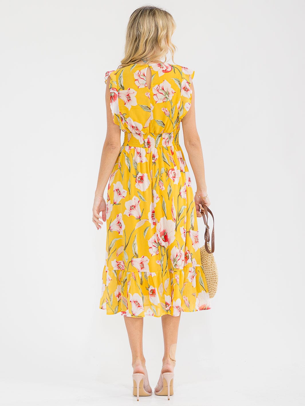 WOMEN'S RUFFLE SLEEVE V-NECK FRONT POCKETS SMOCK WAIST FLORAL MAXI DRESS