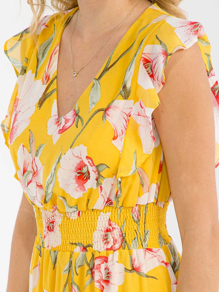 WOMEN'S RUFFLE SLEEVE V-NECK FRONT POCKETS SMOCK WAIST FLORAL MAXI DRESS