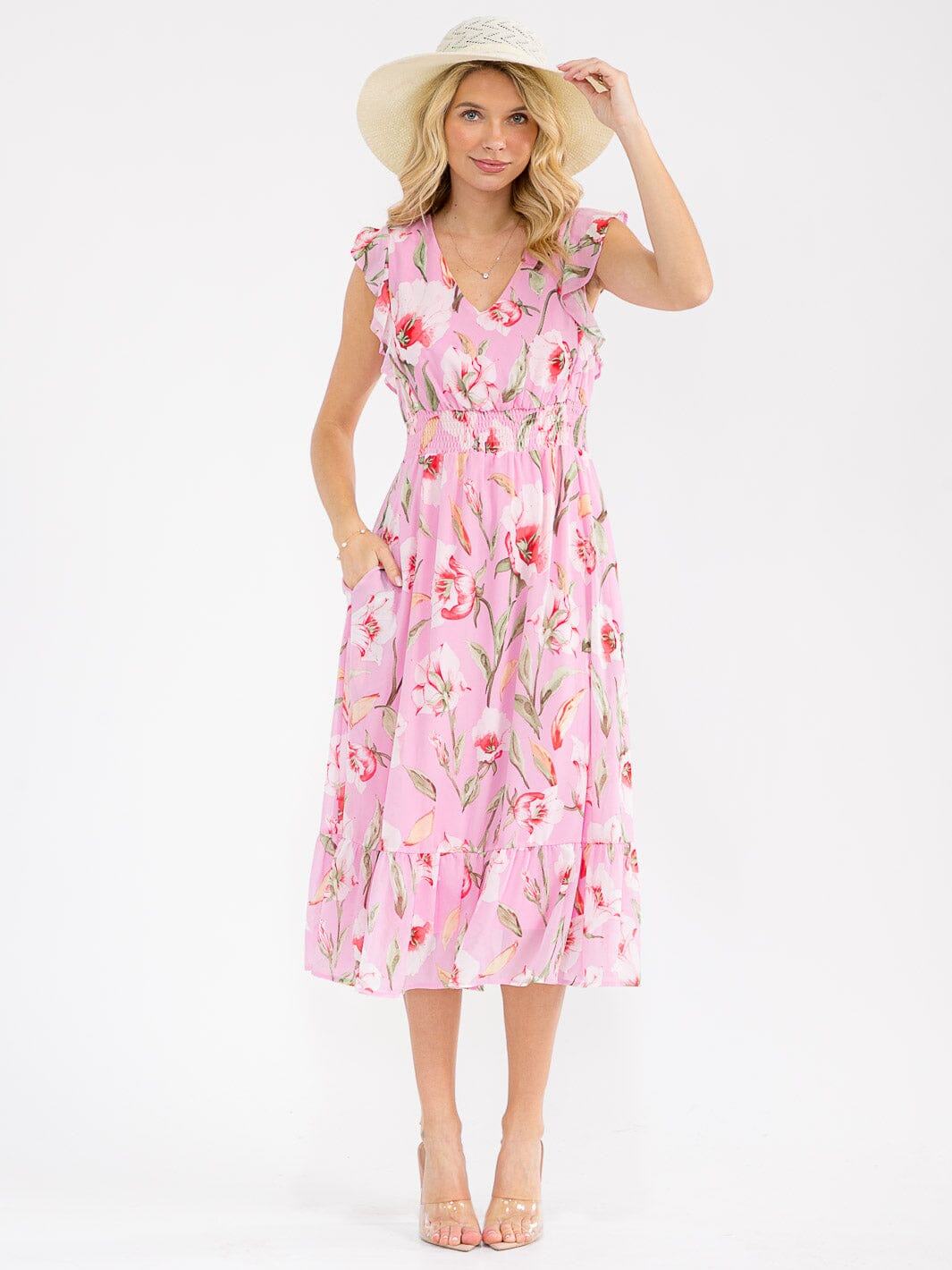 WOMEN'S RUFFLE SLEEVE V-NECK FRONT POCKETS SMOCK WAIST FLORAL MAXI DRESS