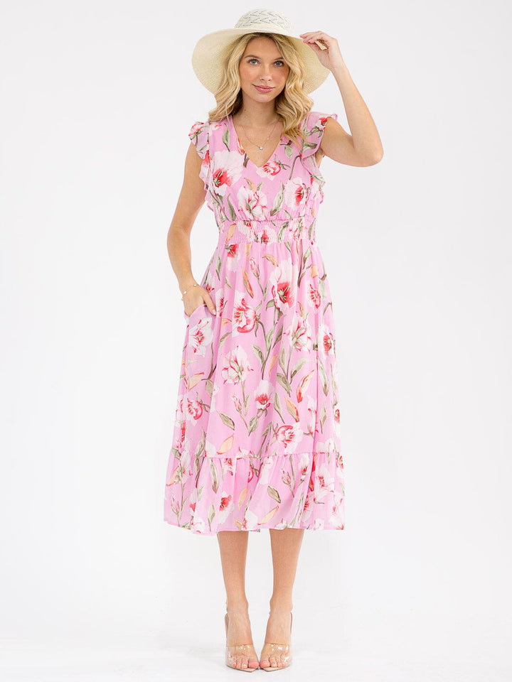WOMEN'S RUFFLE SLEEVE V-NECK FRONT POCKETS SMOCK WAIST FLORAL MAXI DRESS