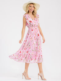 WOMEN'S RUFFLE SLEEVE V-NECK FRONT POCKETS SMOCK WAIST FLORAL MAXI DRESS