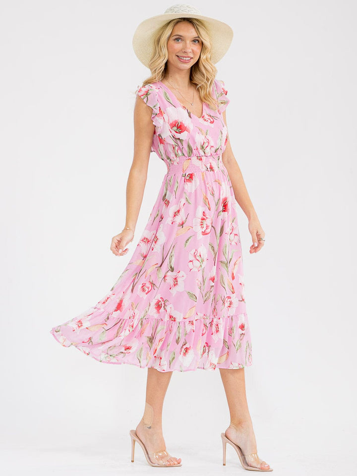 WOMEN'S RUFFLE SLEEVE V-NECK FRONT POCKETS SMOCK WAIST FLORAL MAXI DRESS