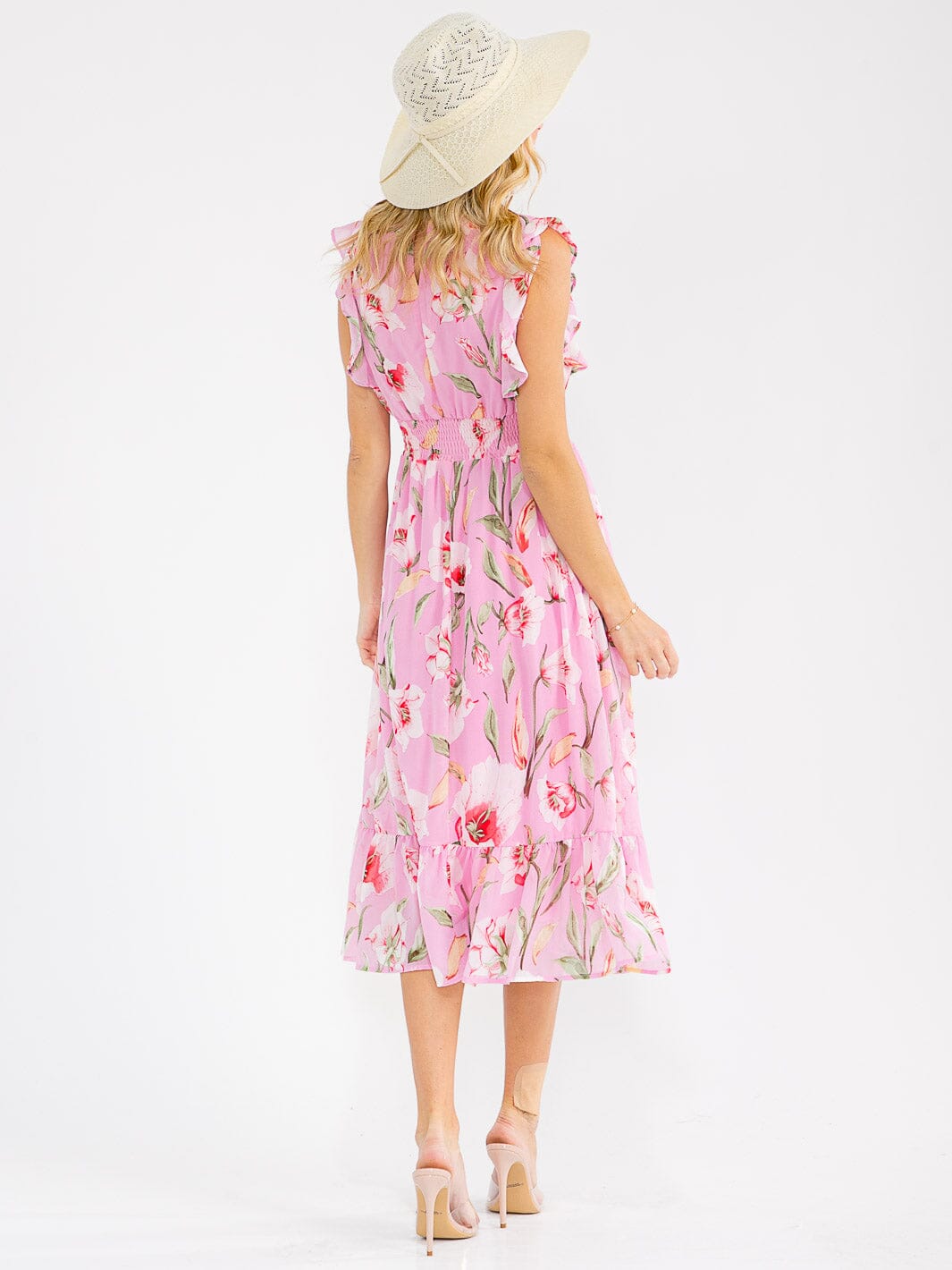 WOMEN'S RUFFLE SLEEVE V-NECK FRONT POCKETS SMOCK WAIST FLORAL MAXI DRESS