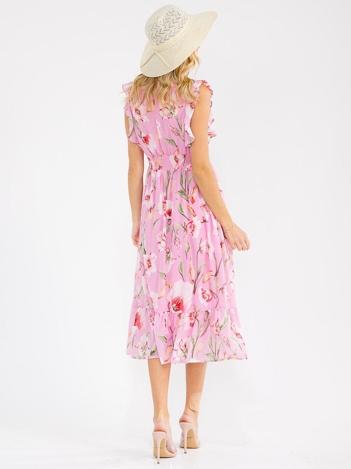 WOMEN'S RUFFLE SLEEVE V-NECK FRONT POCKETS SMOCK WAIST FLORAL MAXI DRESS