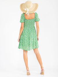 WOMEN'S SHORT SLEEVE SQUARE NECK FLORAL SMOCK MINI DRESS