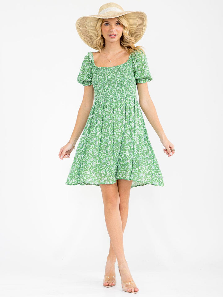 WOMEN'S SHORT SLEEVE SQUARE NECK FLORAL SMOCK MINI DRESS